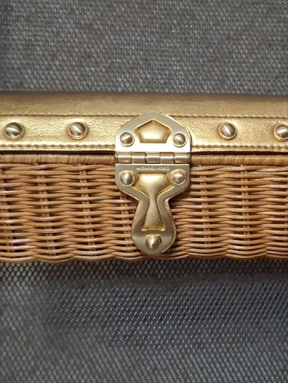 Michael Kors Santorini Rattan Wicker And Leather Trim Clutch in Gold